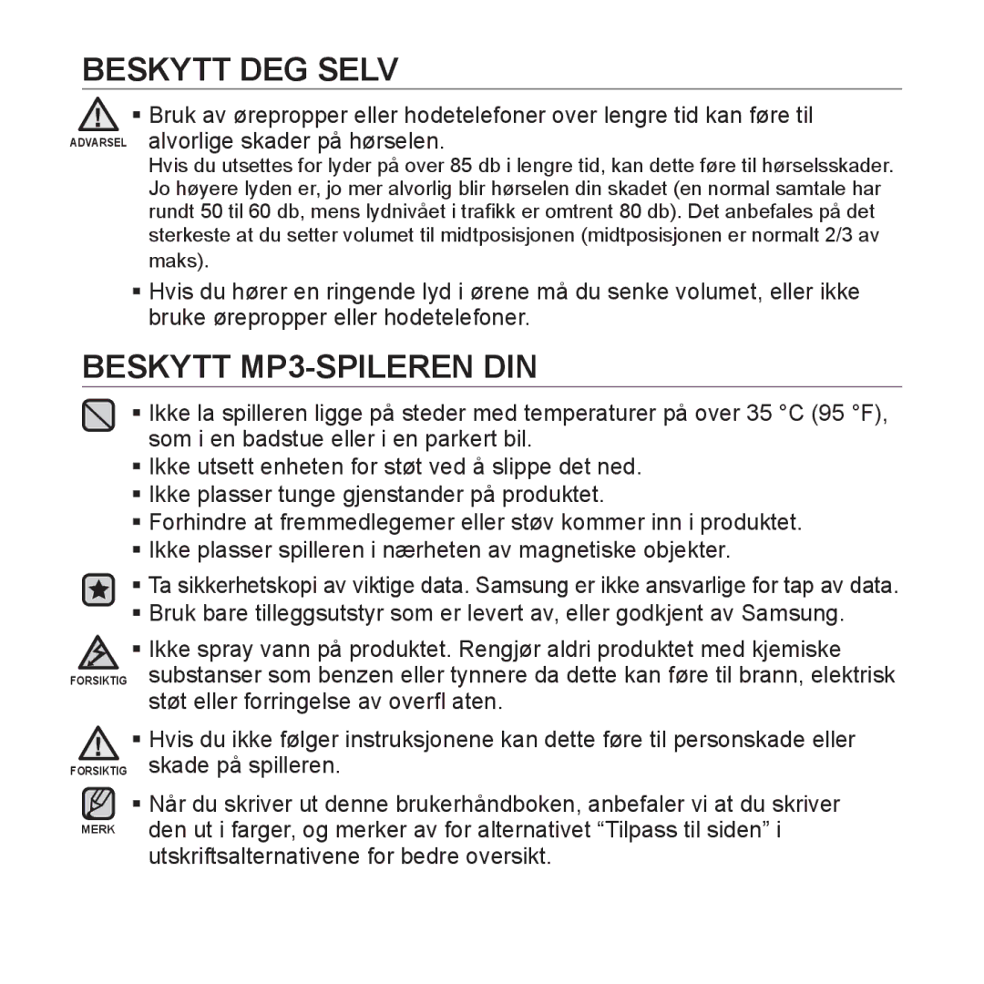 Samsung YP-S3JAW/XEE, YP-S3JQB/EDC, YP-S3JAB/EDC, YP-S3JQW/XEE, YP-S3JAR/XEE, YP-S3JAB/XEE manual Beskytt MP3-SPILEREN DIN 