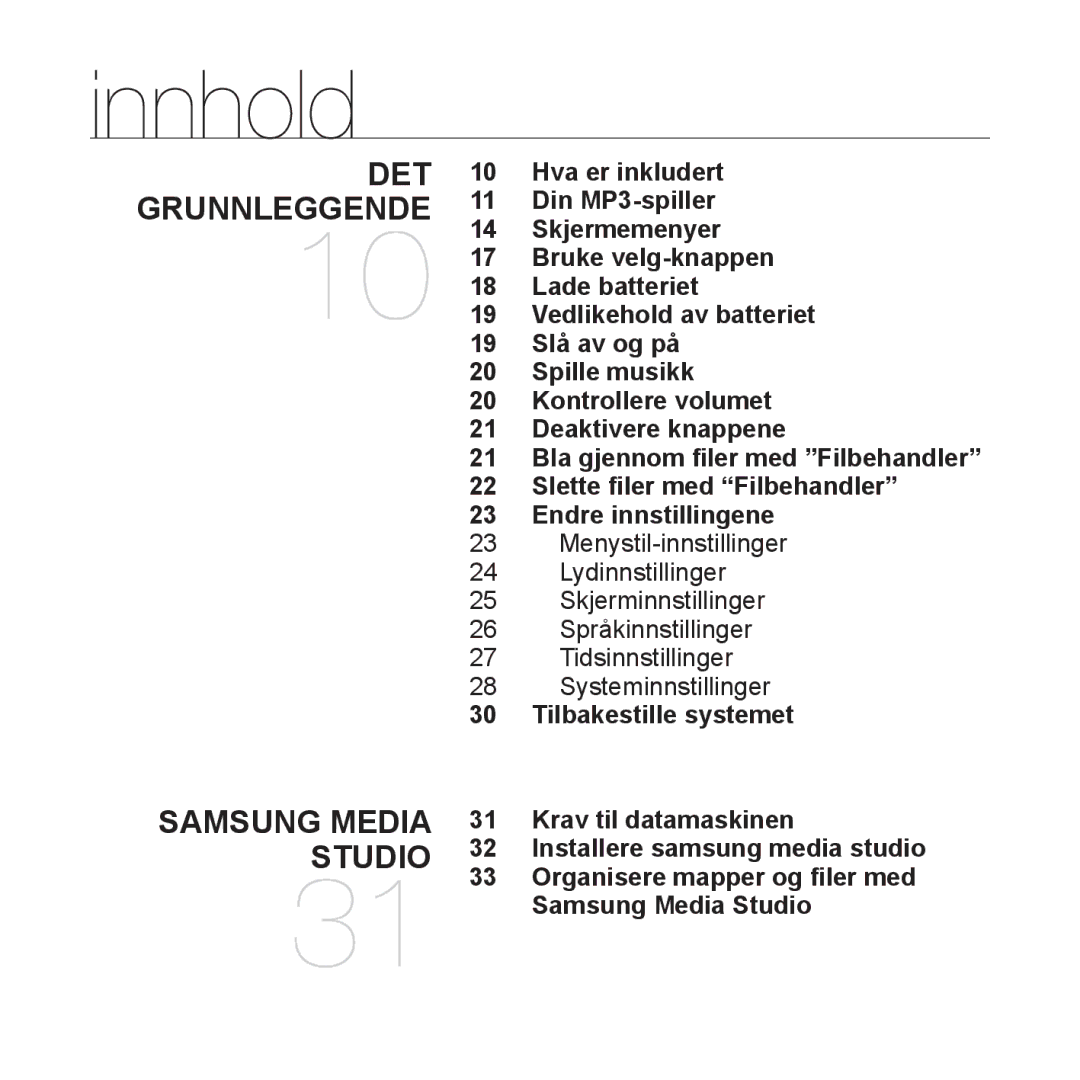 Samsung YP-S3JQB/XEE, YP-S3JQB/EDC, YP-S3JAB/EDC, YP-S3JQW/XEE, YP-S3JAR/XEE, YP-S3JAB/XEE Innhold, Tilbakestille systemet 