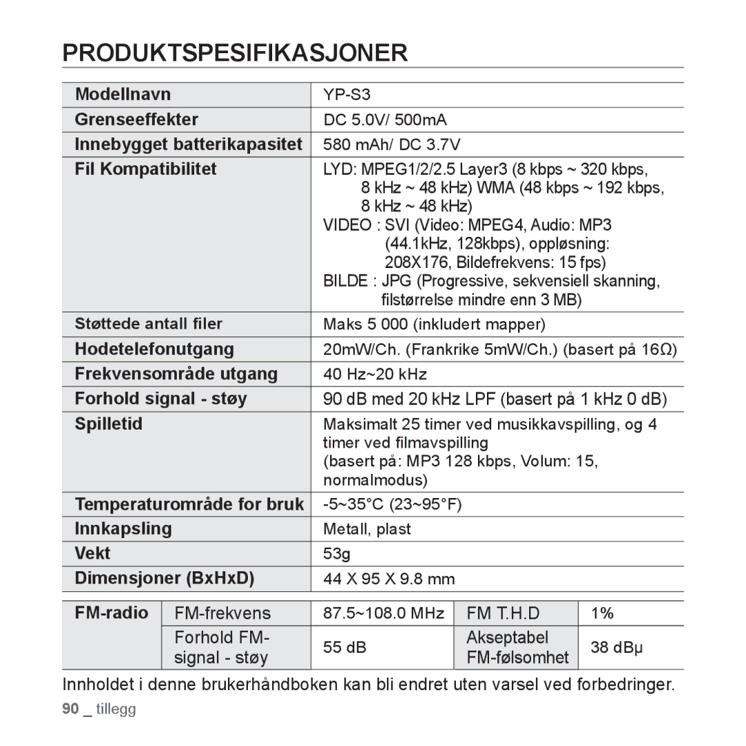 Samsung YP-S3JQB/EDC, YP-S3JAB/EDC, YP-S3JQW/XEE, YP-S3JAR/XEE, YP-S3JAB/XEE, YP-S3JAW/XEE, YP-S3JQB/XEE Produktspesifikasjoner 