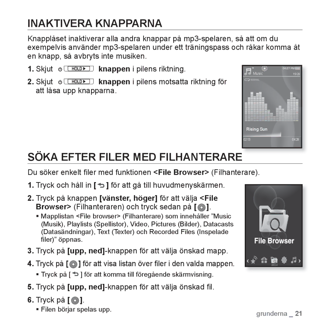 Samsung YP-S3JAB/EDC, YP-S3JQB/EDC, YP-S3JQW/XEE, YP-S3JAR/XEE manual Inaktivera Knapparna, Söka Efter Filer MED Filhanterare 