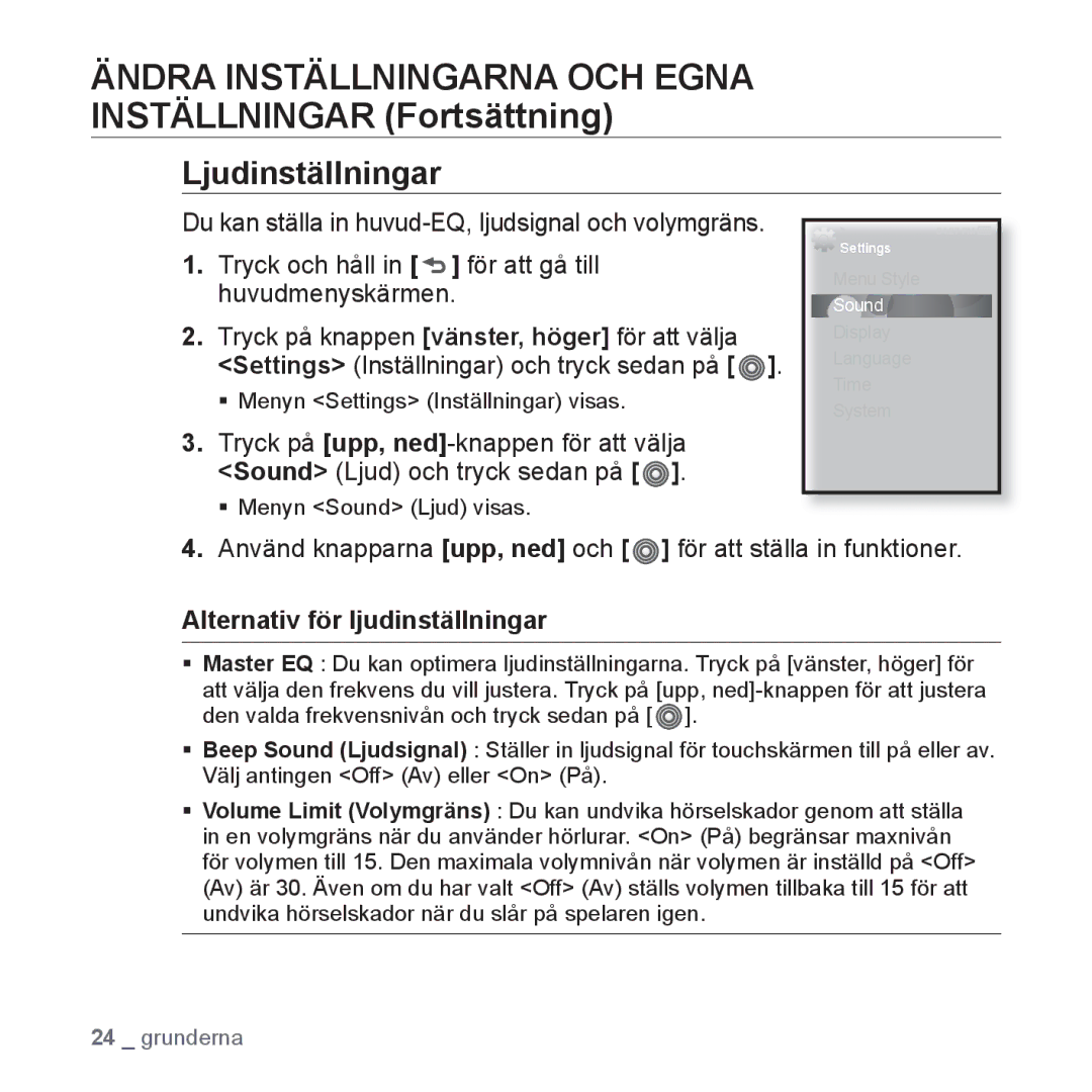 Samsung YP-S3JAB/XEE, YP-S3JQB/EDC manual Ändra Inställningarna OCH Egna Inställningar Fortsättning, Ljudinställningar 