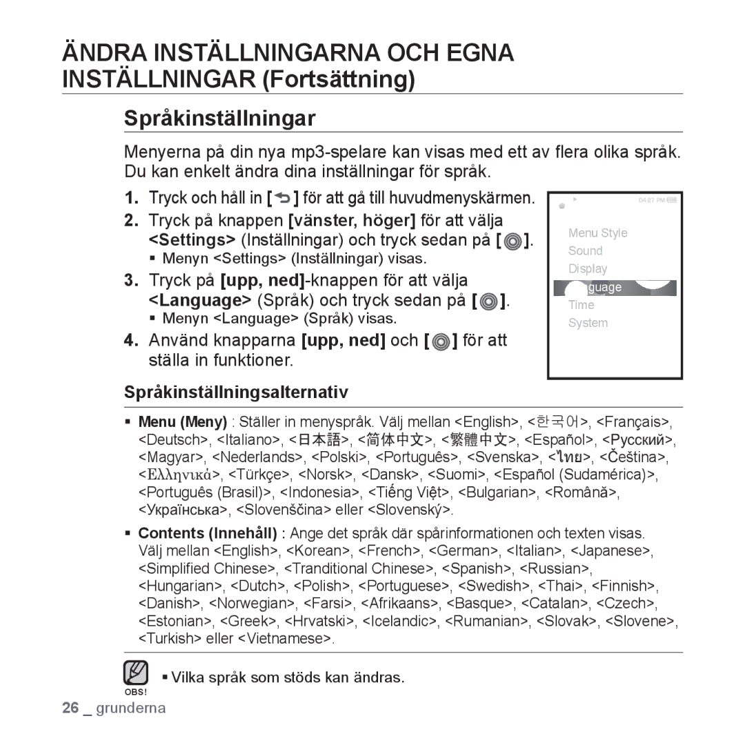 Samsung YP-S3JQB/XEE, YP-S3JQB/EDC, YP-S3JAB/EDC, YP-S3JQW/XEE, YP-S3JAR/XEE Språkinställningar, Språkinställningsalternativ 