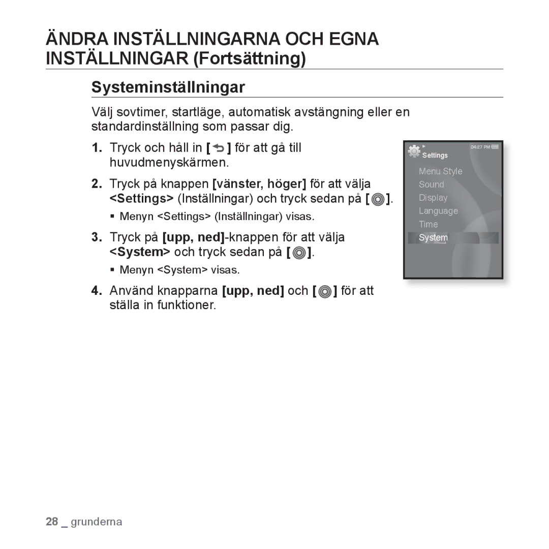 Samsung YP-S3JQL/XEE, YP-S3JQB/EDC, YP-S3JAB/EDC, YP-S3JQW/XEE, YP-S3JAR/XEE, YP-S3JAB/XEE, YP-S3JAW/XEE Systeminställningar 