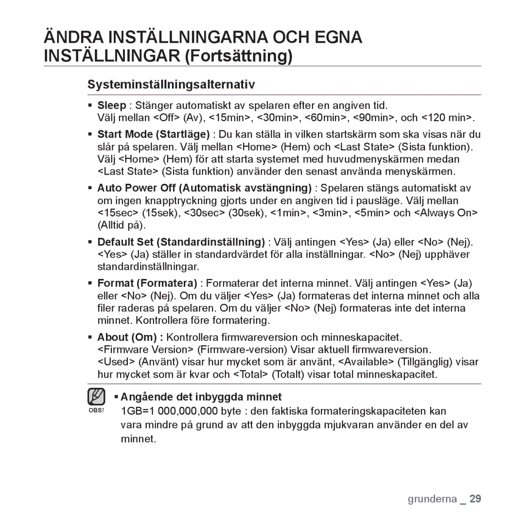 Samsung YP-S3JQR/XEE, YP-S3JQB/EDC, YP-S3JAB/EDC, YP-S3JQW/XEE Systeminställningsalternativ, ƒ Angående det inbyggda minnet 