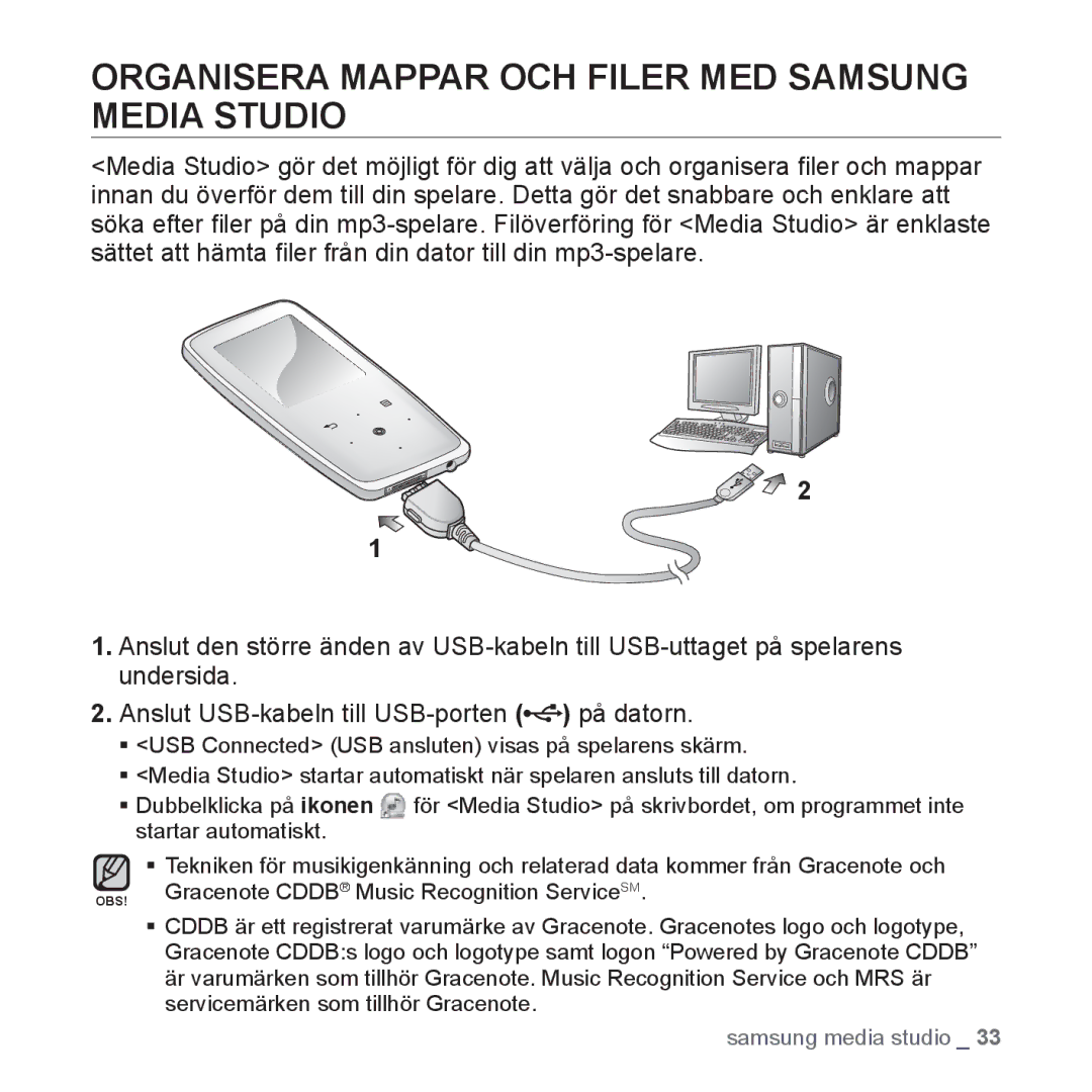 Samsung YP-S3JAR/XEE, YP-S3JQB/EDC, YP-S3JAB/EDC, YP-S3JQW/XEE manual Organisera Mappar OCH Filer MED Samsung Media Studio 