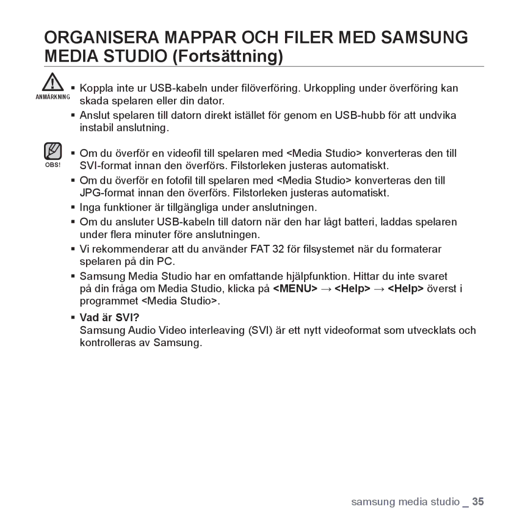 Samsung YP-S3JAW/XEE, YP-S3JQB/EDC, YP-S3JAB/EDC, YP-S3JQW/XEE, YP-S3JAR/XEE, YP-S3JAB/XEE, YP-S3JQB/XEE manual ƒ Vad är SVI? 