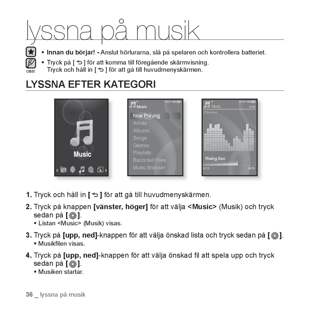 Samsung YP-S3JQB/XEE, YP-S3JQB/EDC, YP-S3JAB/EDC, YP-S3JQW/XEE, YP-S3JAR/XEE manual Lyssna på musik, Lyssna Efter Kategori 