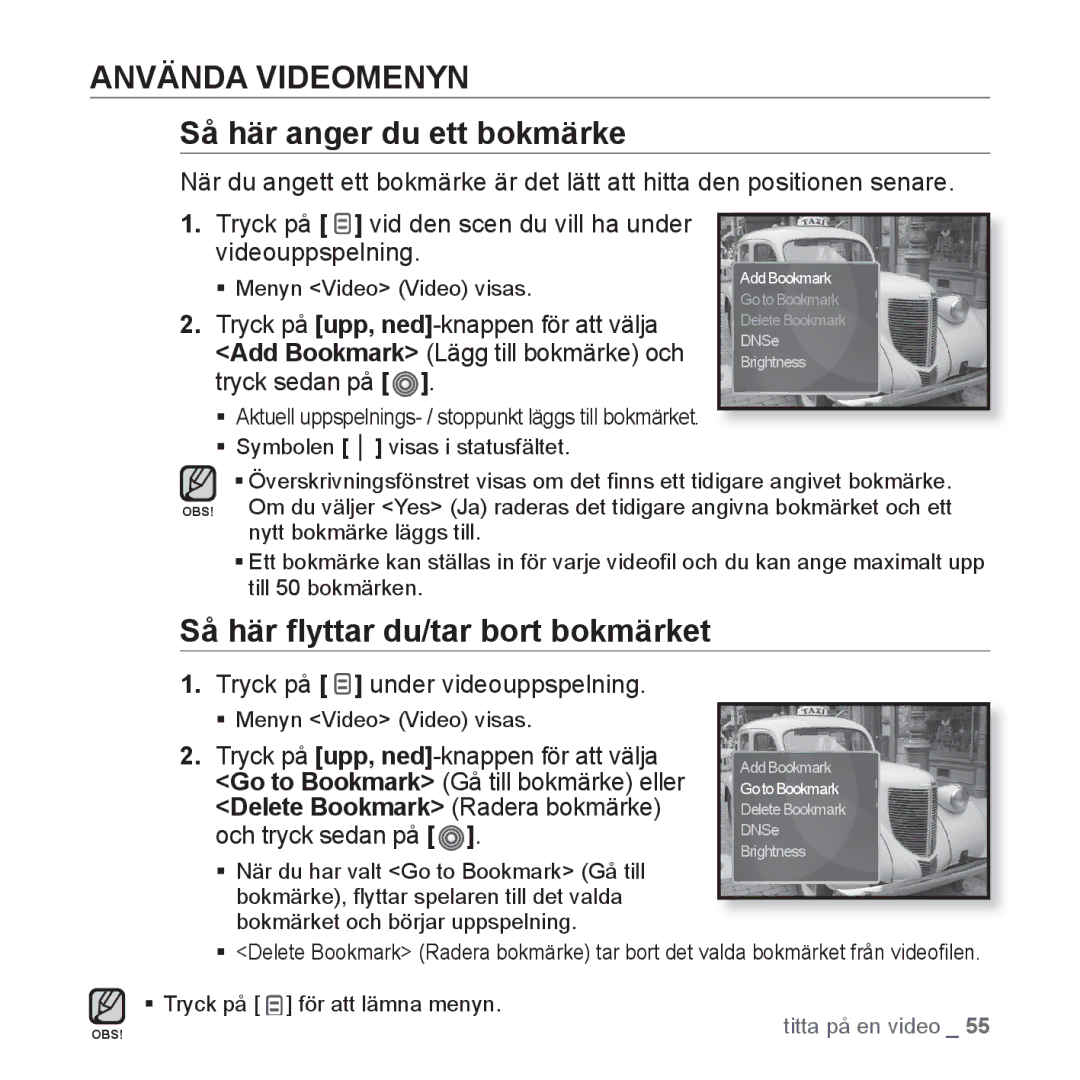 Samsung YP-S3JAW/XEE, YP-S3JQB/EDC, YP-S3JAB/EDC, YP-S3JQW/XEE manual Add Bookmark Lägg till bokmärke och, Tryck sedan på 