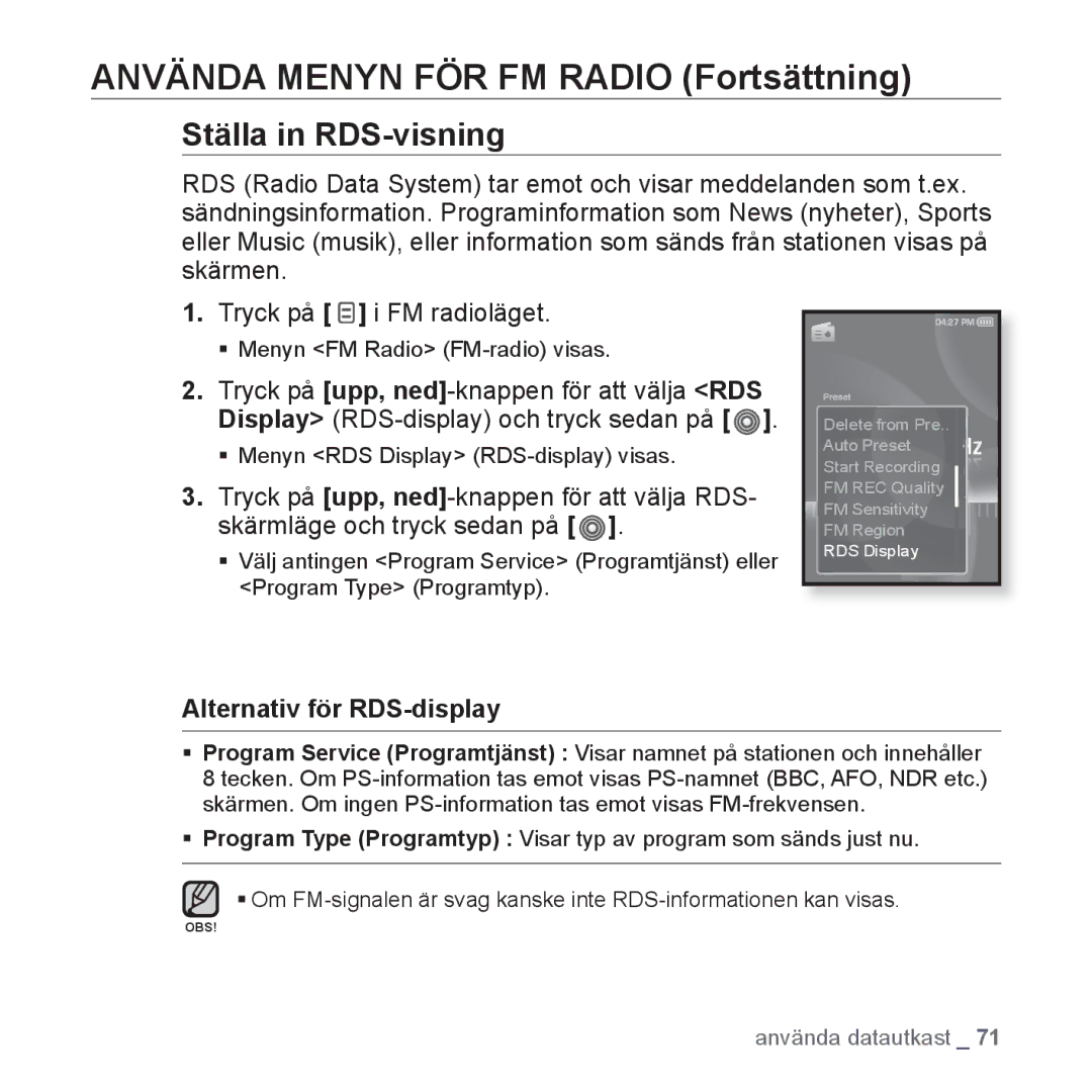 Samsung YP-S3JAB/EDC, YP-S3JQB/EDC, YP-S3JQW/XEE, YP-S3JAR/XEE manual Ställa in RDS-visning, Alternativ för RDS-display 