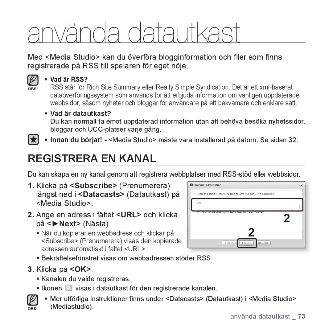 Samsung YP-S3JAR/XEE, YP-S3JQB/EDC, YP-S3JAB/EDC, YP-S3JQW/XEE manual Använda datautkast, Registrera EN Kanal, Klicka på OK 