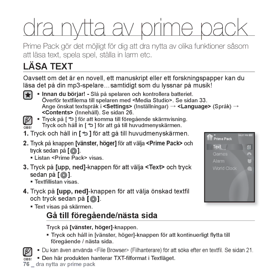 Samsung YP-S3JQB/XEE, YP-S3JQB/EDC, YP-S3JAB/EDC manual Dra nytta av prime pack, Läsa Text, Gå till föregående/nästa sida 