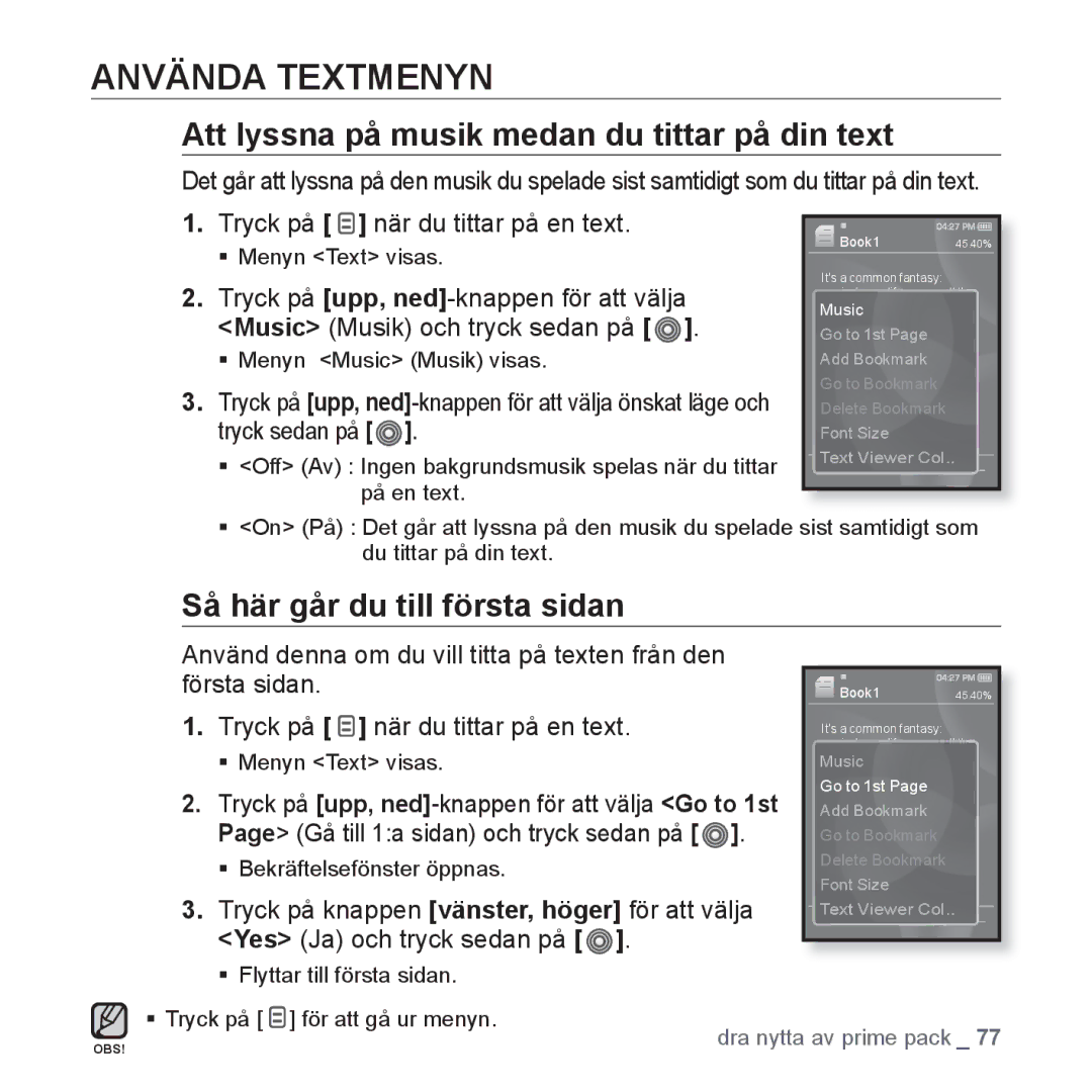 Samsung YP-S3JQG/XEE Använda Textmenyn, Att lyssna på musik medan du tittar på din text, Så här går du till första sidan 