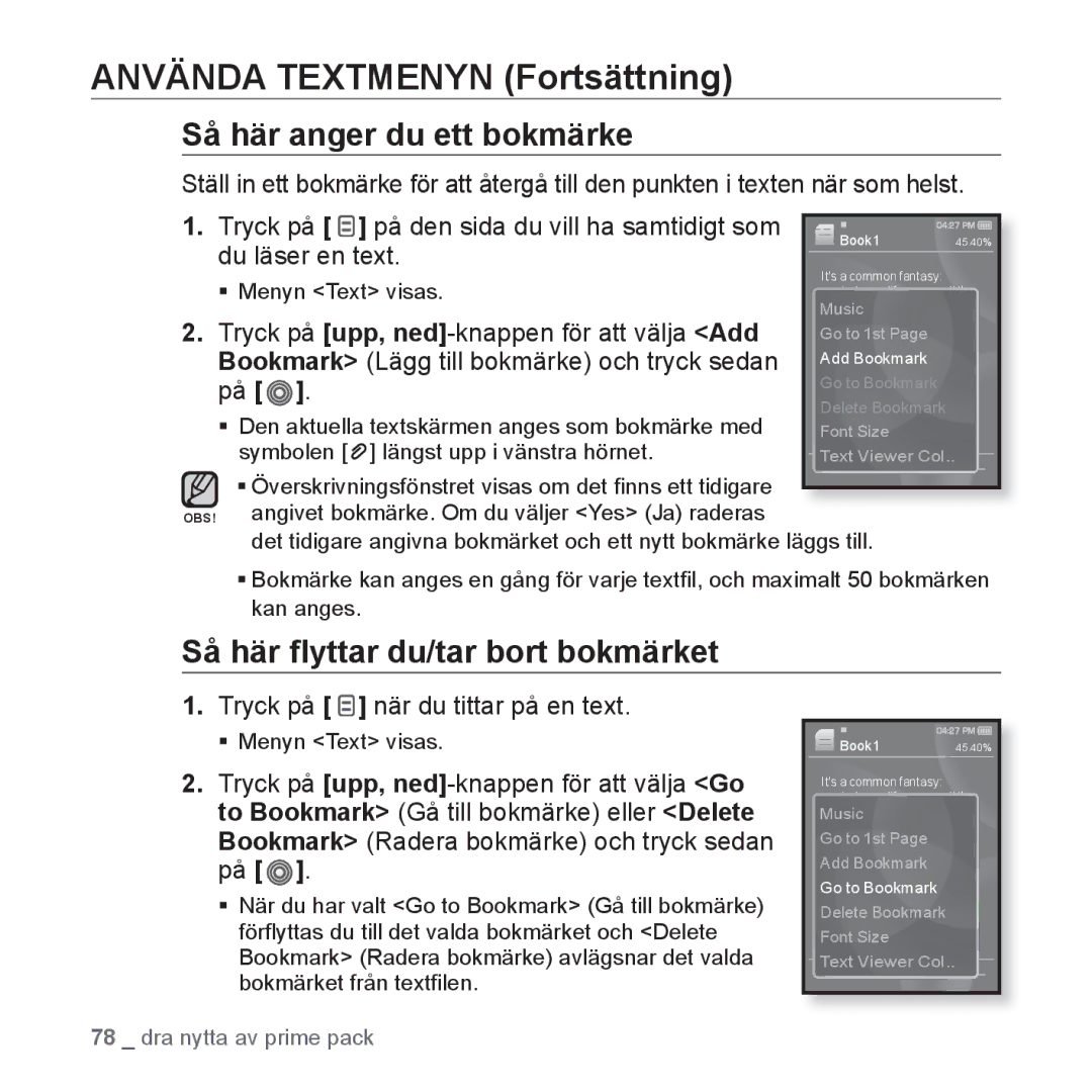 Samsung YP-S3JQL/XEE, YP-S3JQB/EDC, YP-S3JAB/EDC, YP-S3JQW/XEE Använda Textmenyn Fortsättning, Så här anger du ett bokmärke 