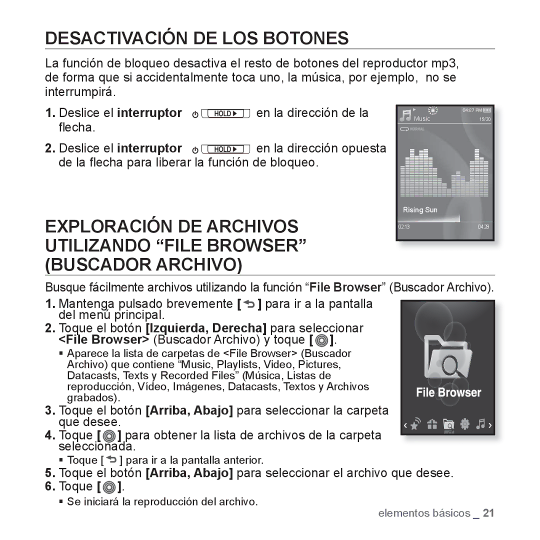 Samsung YP-S3JQR/EDC, YP-S3JQL/EDC, YP-S3JAR/EDC, YP-S3JAL/EDC Desactivación DE LOS Botones, Deslice el interruptor, ﬂecha 