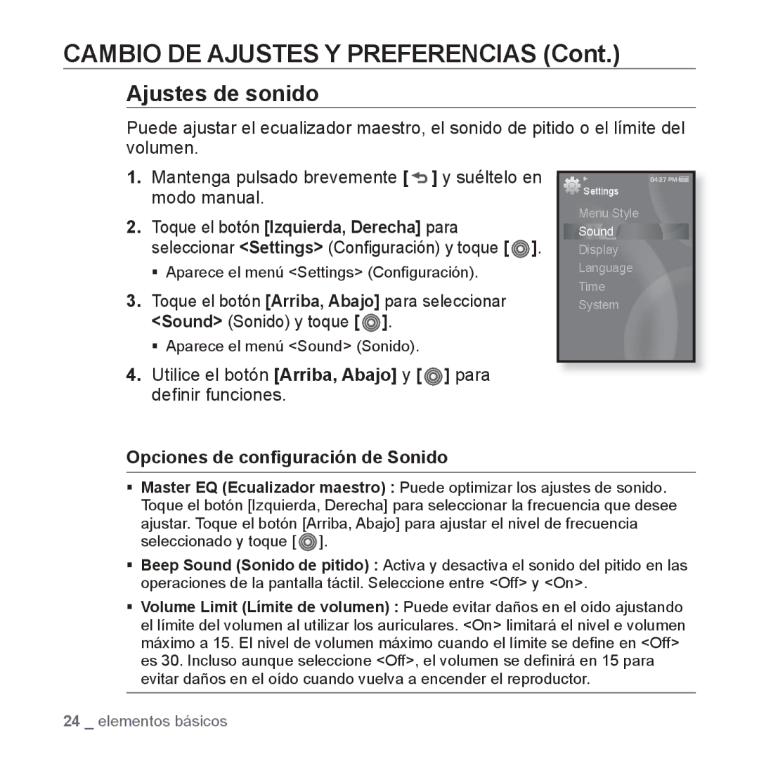 Samsung YP-S3JQL/EDC, YP-S3JAR/EDC Cambio DE Ajustes Y Preferencias, Ajustes de sonido, Opciones de conﬁguración de Sonido 