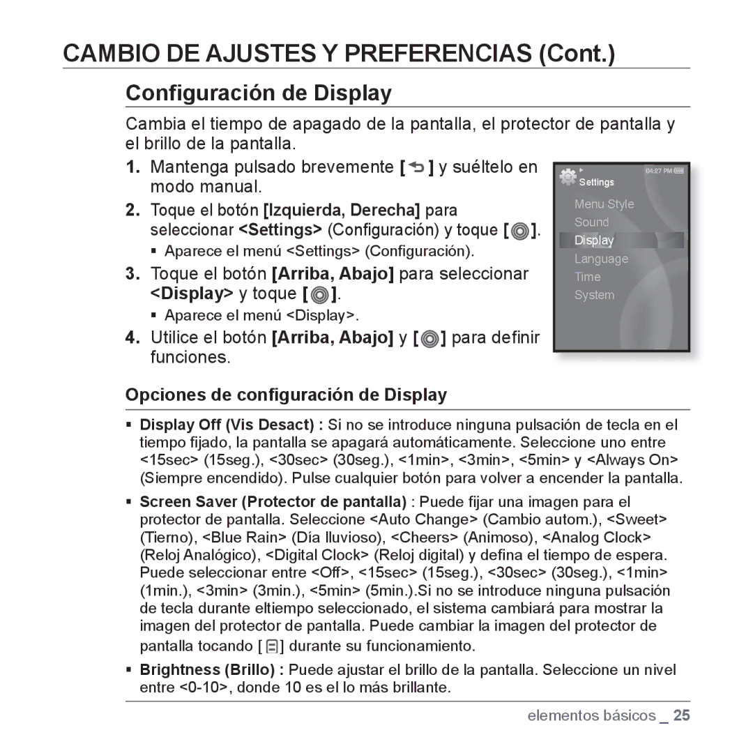 Samsung YP-S3JAR/EDC, YP-S3JQL/EDC manual Conﬁguración de Display, Utilice el botón Arriba, Abajo y para deﬁnir funciones 