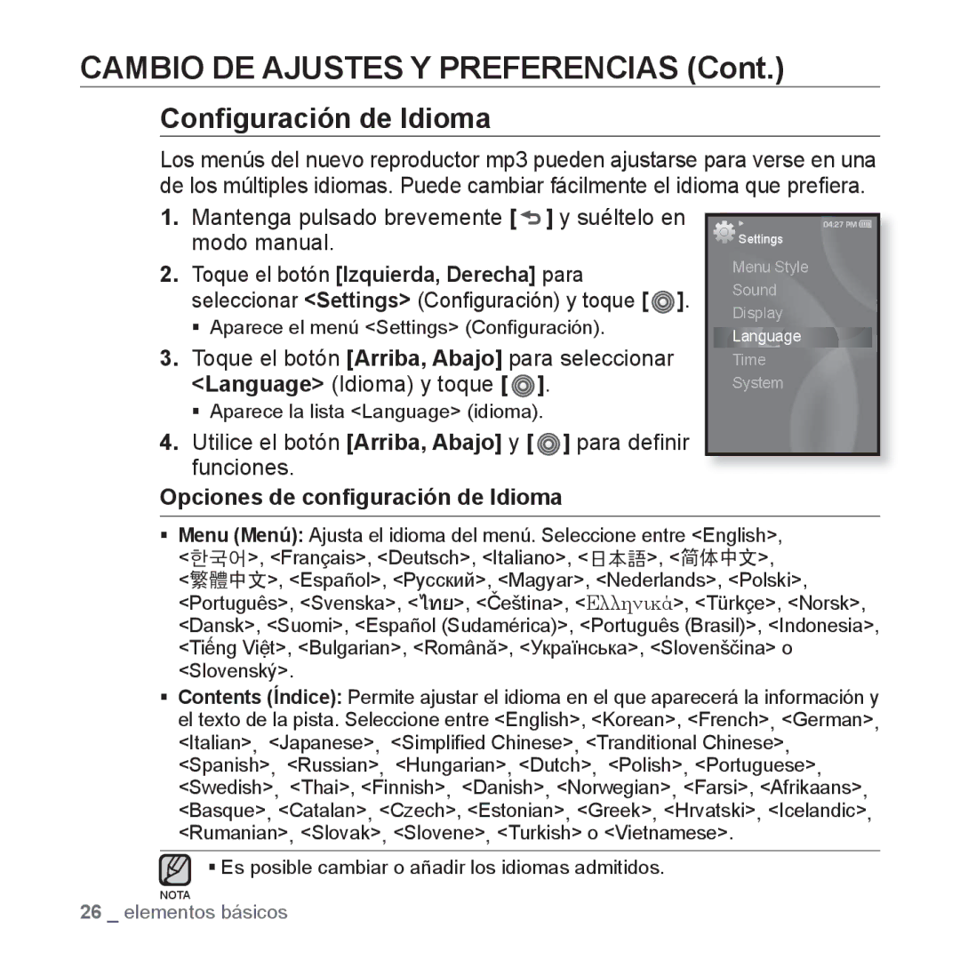 Samsung YP-S3JAL/EDC, YP-S3JQL/EDC, YP-S3JAR/EDC, YP-S3JAG/EDC Conﬁguración de Idioma, Opciones de conﬁguración de Idioma 