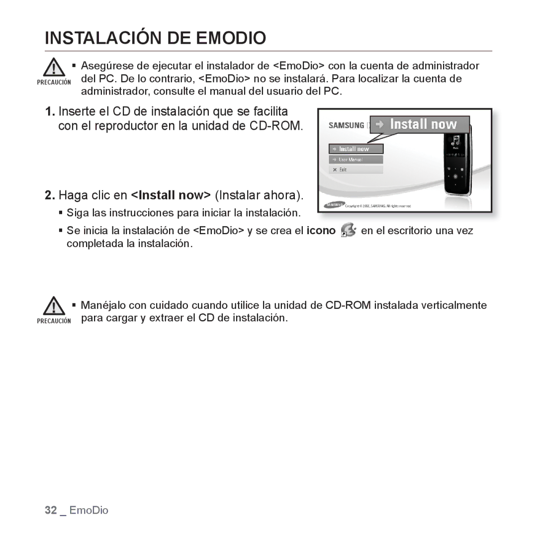 Samsung YP-S3JQW/EDC, YP-S3JQL/EDC, YP-S3JAR/EDC, YP-S3JAL/EDC, YP-S3JAG/EDC, YP-S3JAW/EDC, YP-S3JQG/EDC Instalación DE Emodio 