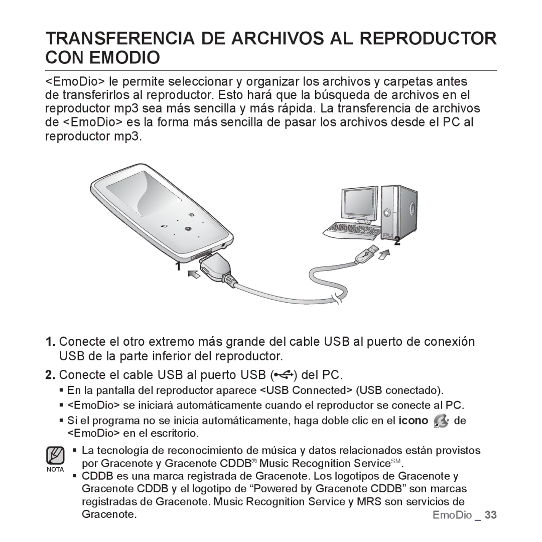 Samsung YP-S3JQR/EDC, YP-S3JQL/EDC, YP-S3JAR/EDC, YP-S3JAL/EDC manual Transferencia DE Archivos AL Reproductor CON Emodio 