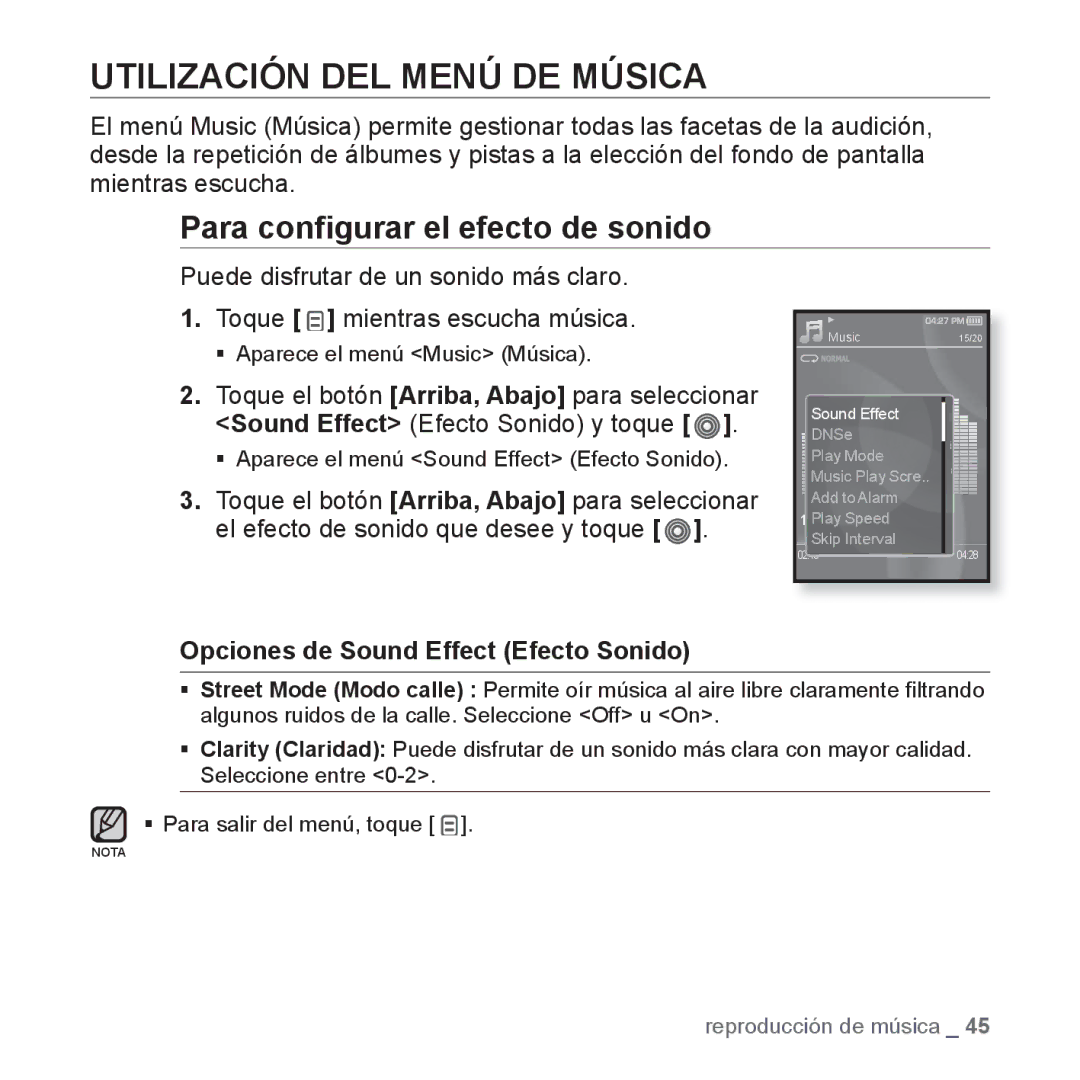 Samsung YP-S3JQR/EDC, YP-S3JQL/EDC, YP-S3JAR/EDC manual Utilización DEL Menú DE Música, Para conﬁgurar el efecto de sonido 