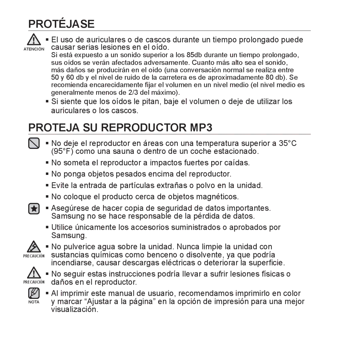 Samsung YP-S3JQG/EDC, YP-S3JQL/EDC, YP-S3JAR/EDC, YP-S3JAL/EDC, YP-S3JAG/EDC, YP-S3JAW/EDC manual Proteja SU Reproductor MP3 