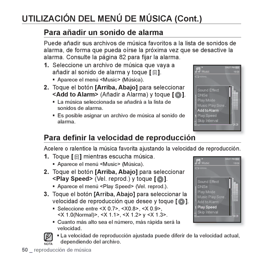 Samsung YP-S3JAL/EDC, YP-S3JQL/EDC, YP-S3JAR/EDC Para añadir un sonido de alarma, Para deﬁnir la velocidad de reproducción 