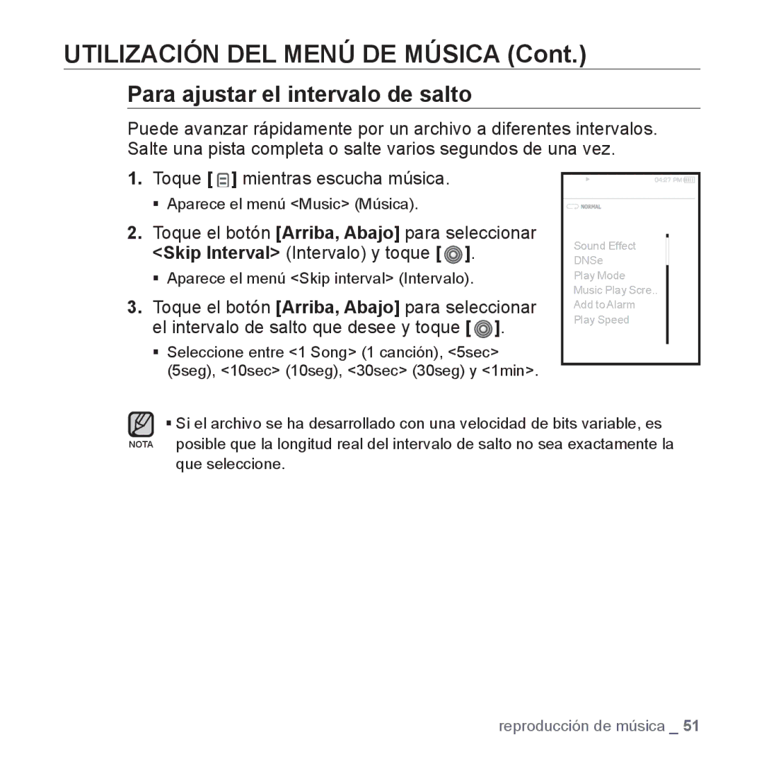 Samsung YP-S3JAG/EDC, YP-S3JQL/EDC, YP-S3JAR/EDC, YP-S3JAL/EDC, YP-S3JAW/EDC, YP-S3JQG/EDC Para ajustar el intervalo de salto 