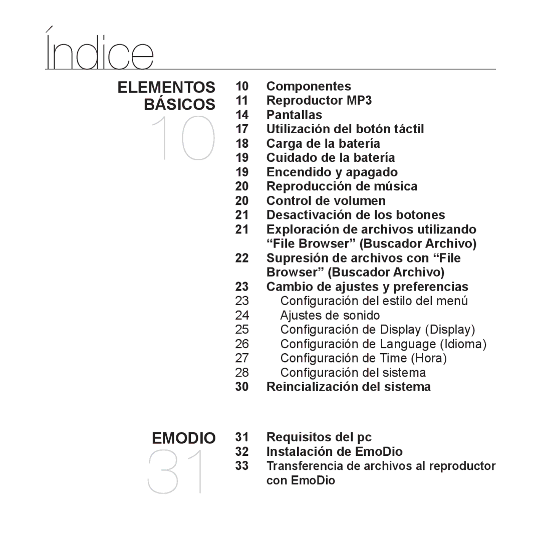 Samsung YP-S3JQB/EDC, YP-S3JQL/EDC, YP-S3JAR/EDC, YP-S3JAL/EDC Cambio de ajustes y preferencias, Reincialización del sistema 