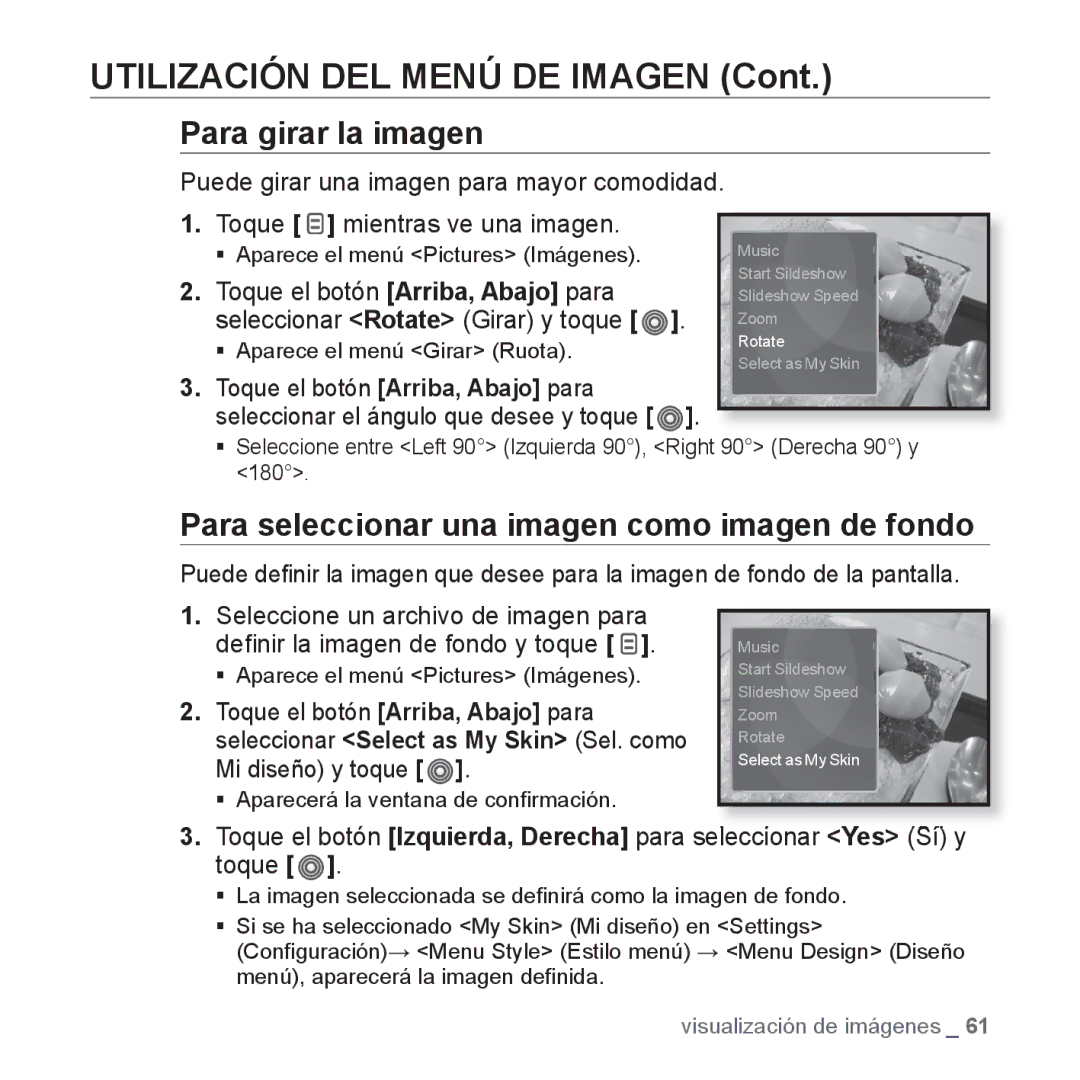 Samsung YP-S3JAR/EDC, YP-S3JQL/EDC, YP-S3JAL/EDC Para girar la imagen, Para seleccionar una imagen como imagen de fondo 