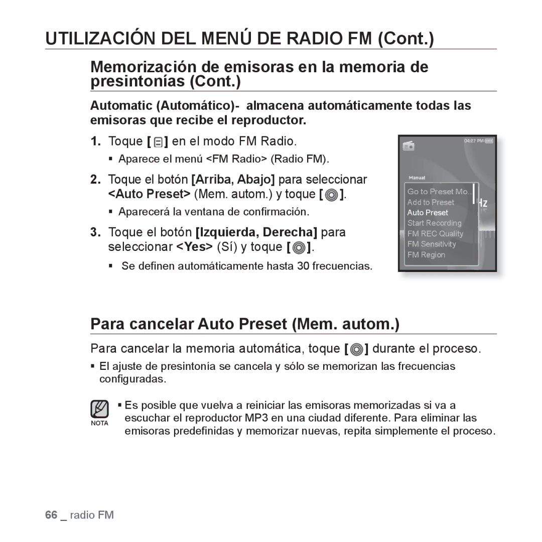 Samsung YP-S3JQB/EDC, YP-S3JQL/EDC, YP-S3JAR/EDC manual Para cancelar Auto Preset Mem. autom, Toque en el modo FM Radio 