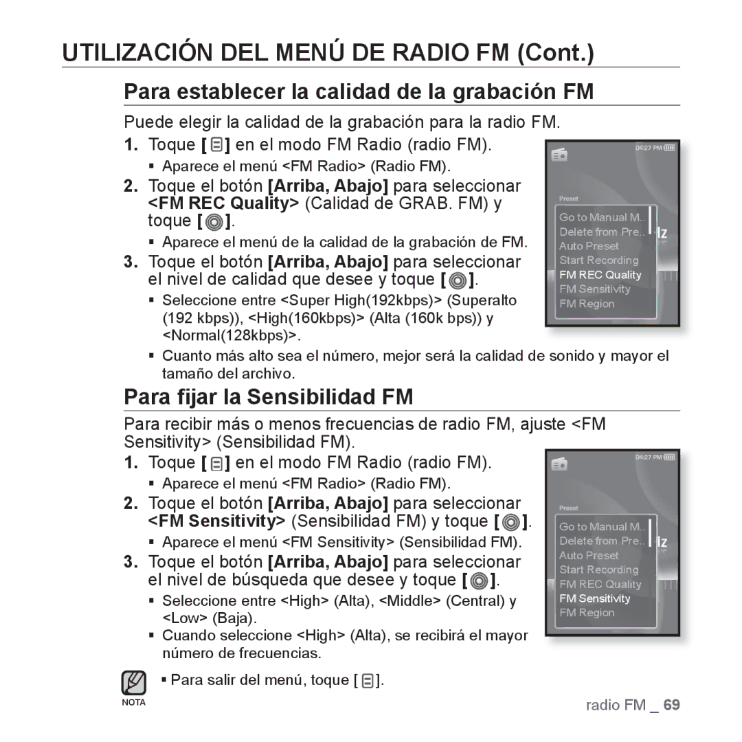 Samsung YP-S3JQR/EDC, YP-S3JQL/EDC manual Para establecer la calidad de la grabación FM, Para ﬁjar la Sensibilidad FM 