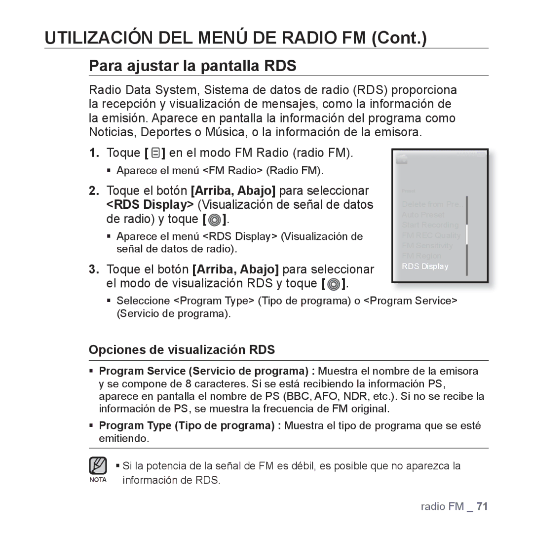 Samsung YP-S3JAB/XAA, YP-S3JQL/EDC, YP-S3JAR/EDC, YP-S3JAL/EDC Para ajustar la pantalla RDS, Opciones de visualización RDS 