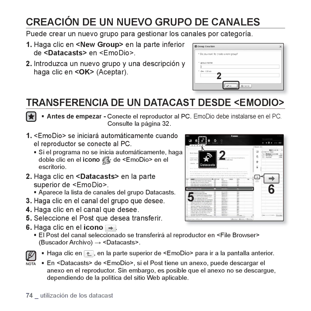 Samsung YP-S3JAL/EDC, YP-S3JQL/EDC manual Creación DE UN Nuevo Grupo DE Canales, Transferencia DE UN Datacast Desde Emodio 