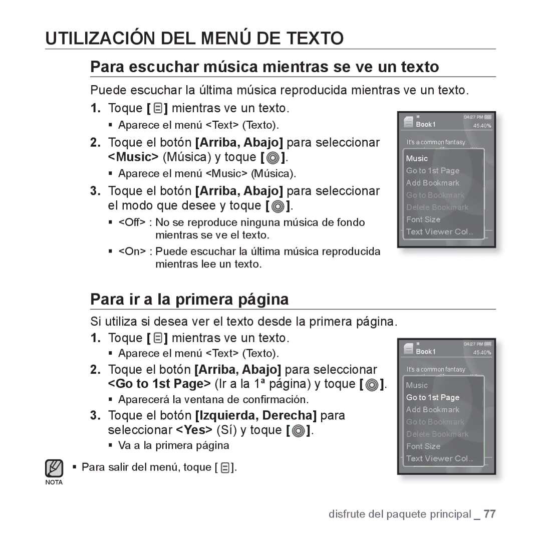 Samsung YP-S3JQG/EDC, YP-S3JQL/EDC manual Utilización DEL Menú DE Texto, Para escuchar música mientras se ve un texto 