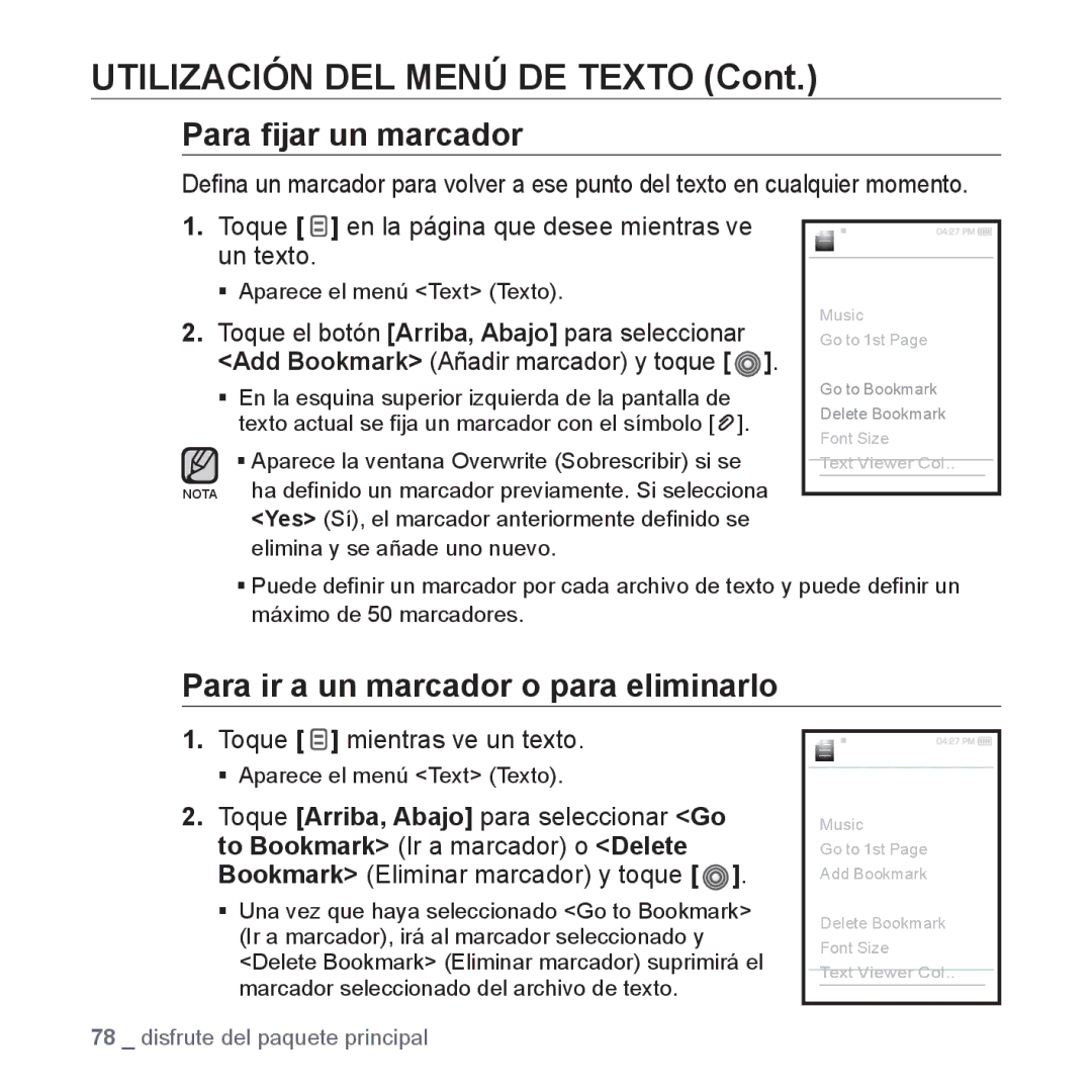 Samsung YP-S3JQB/EDC, YP-S3JQL/EDC, YP-S3JAR/EDC Utilización DEL Menú DE Texto, Para ir a un marcador o para eliminarlo 