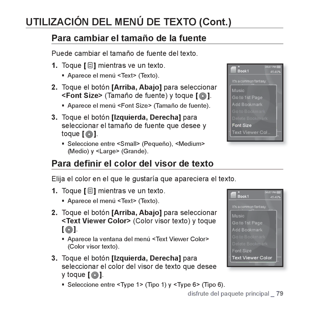 Samsung YP-S3JCB/EDC, YP-S3JQL/EDC manual Para cambiar el tamaño de la fuente, Para deﬁnir el color del visor de texto 