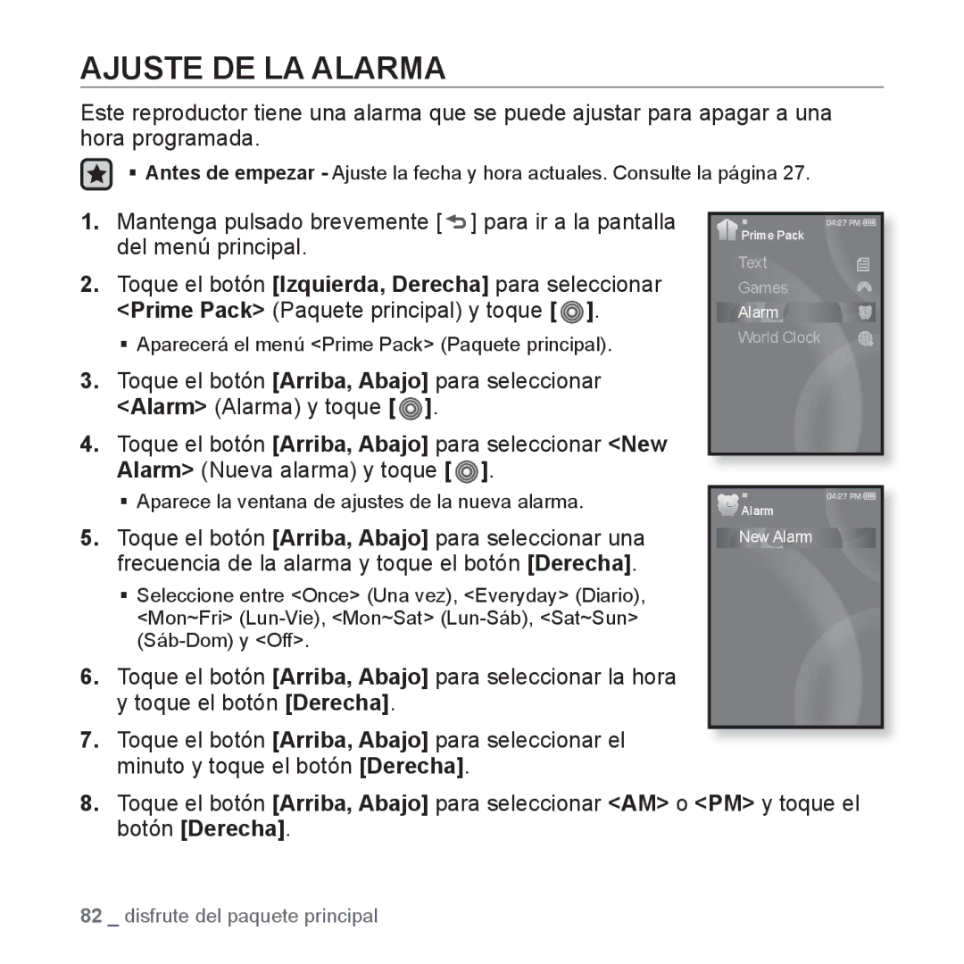 Samsung YP-S3JAB/EDC, YP-S3JQL/EDC, YP-S3JAR/EDC, YP-S3JAL/EDC, YP-S3JAG/EDC, YP-S3JAW/EDC, YP-S3JQG/EDC Ajuste DE LA Alarma 