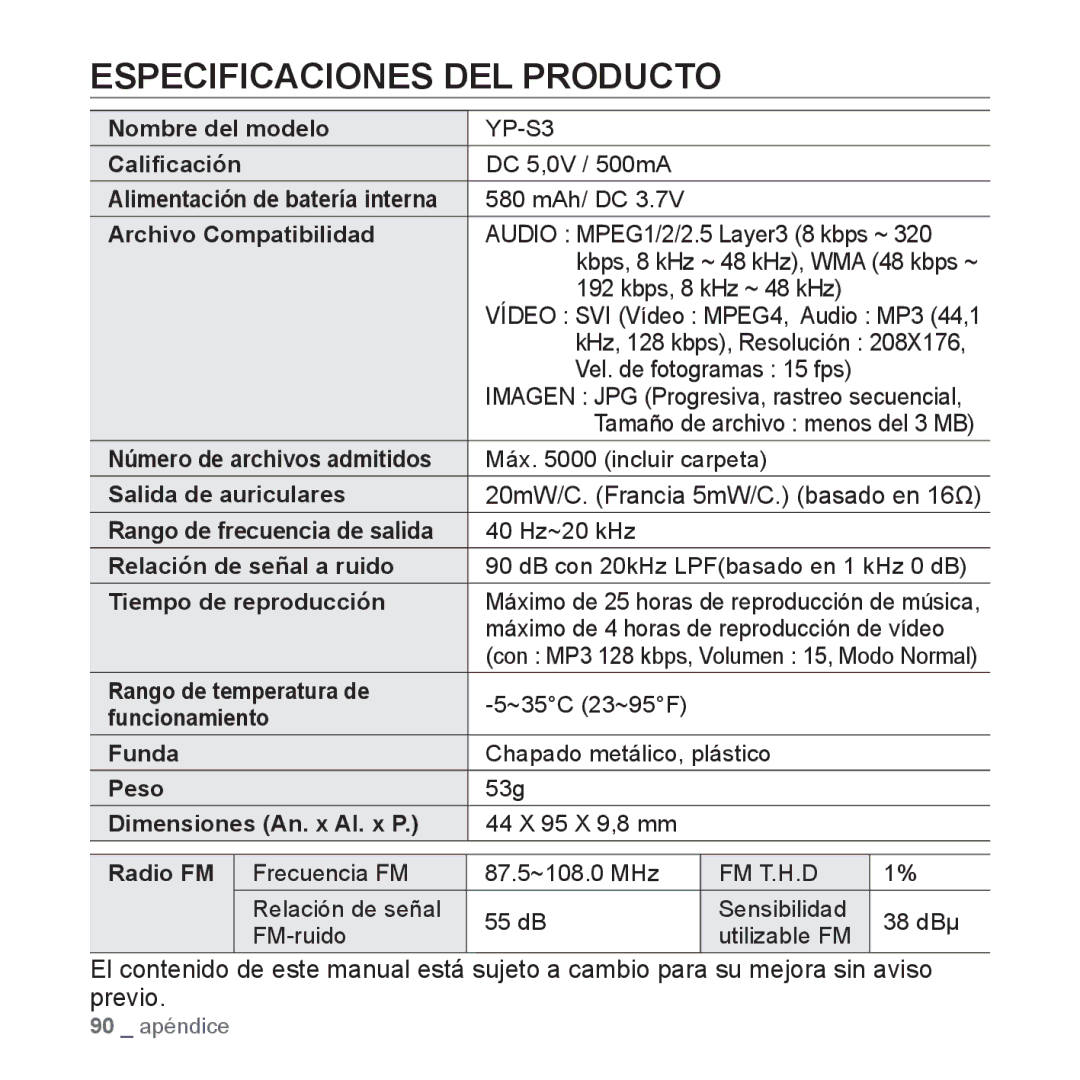 Samsung YP-S3JQB/EDC, YP-S3JQL/EDC, YP-S3JAR/EDC, YP-S3JAL/EDC manual Especificaciones DEL Producto, Archivo Compatibilidad 