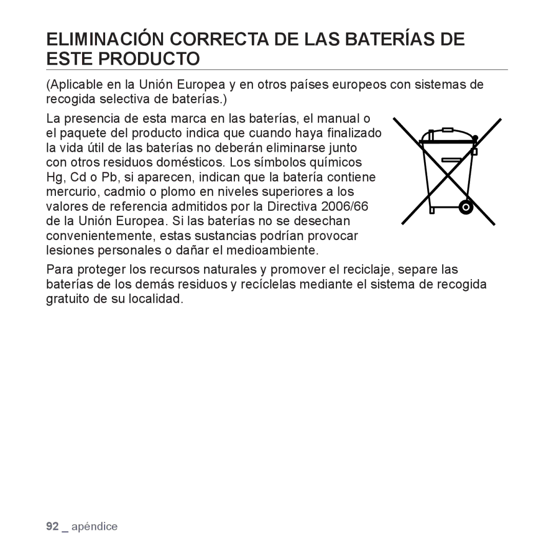 Samsung YP-S3JQW/EDC, YP-S3JQL/EDC, YP-S3JAR/EDC, YP-S3JAL/EDC manual Eliminación Correcta DE LAS Baterías DE Este Producto 