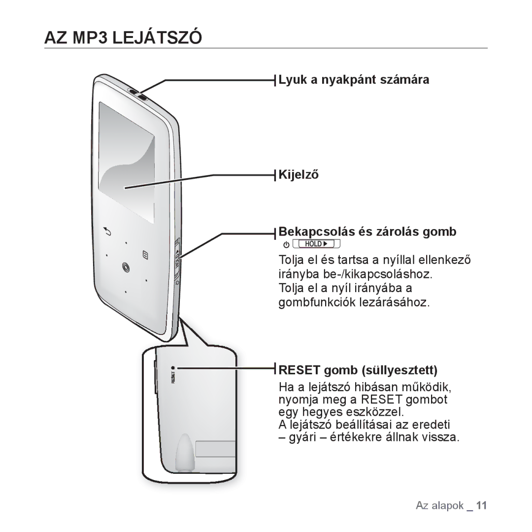 Samsung YP-S3JAB/EDC AZ MP3 Lejátszó, Lyuk a nyakpánt számára Kijelző Bekapcsolás és zárolás gomb, Reset gomb süllyesztett 