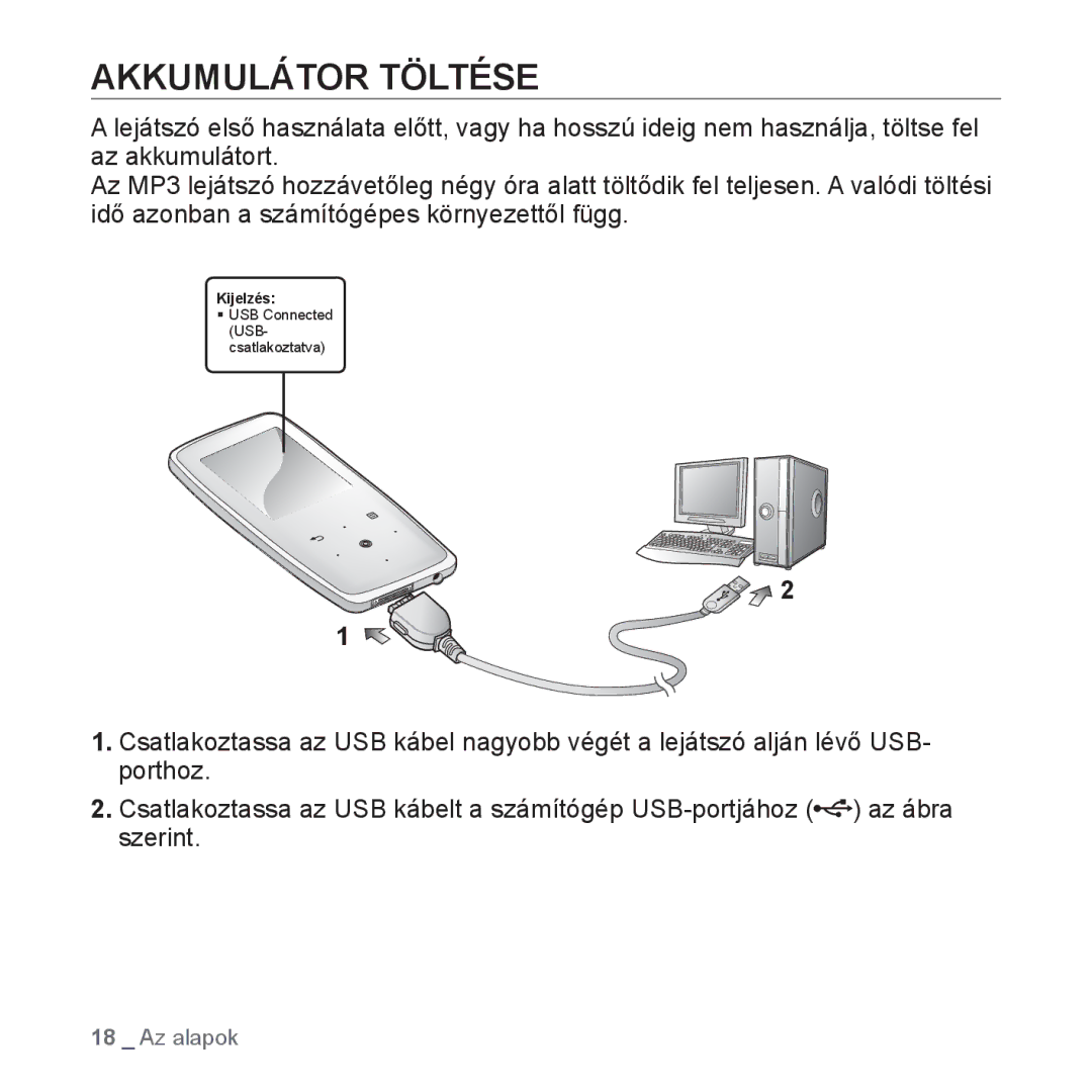 Samsung YP-S3JCBS/EDC, YP-S3JQL/EDC, YP-S3JAR/EDC, YP-S3JAL/EDC, YP-S3JAG/EDC, YP-S3JAW/EDC, YP-S3JQG/EDC Akkumulátor Töltése 