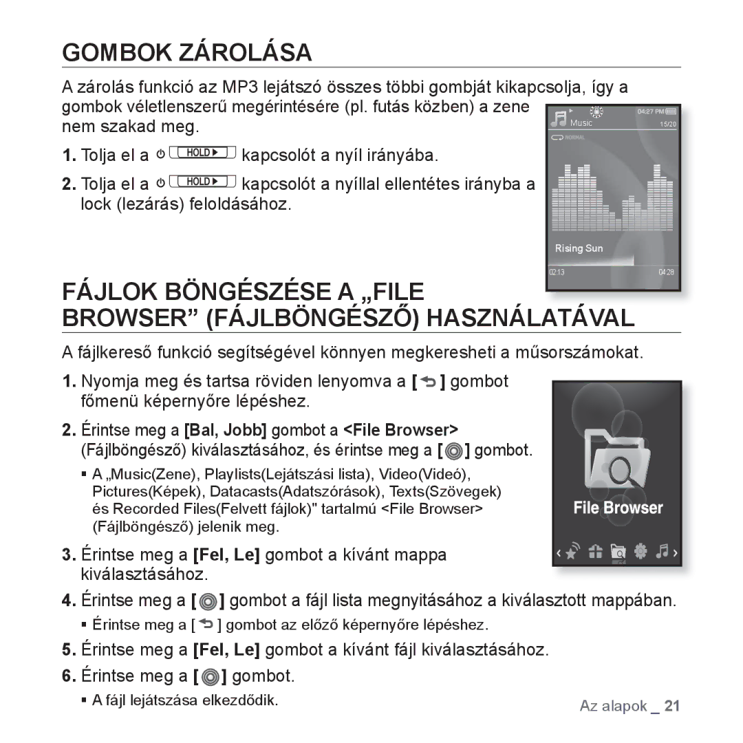 Samsung YP-S3JQW/EDC, YP-S3JQL/EDC manual Gombok Zárolása, Fájlok Böngészése a „FILE Browser Fájlböngésző Használatával 