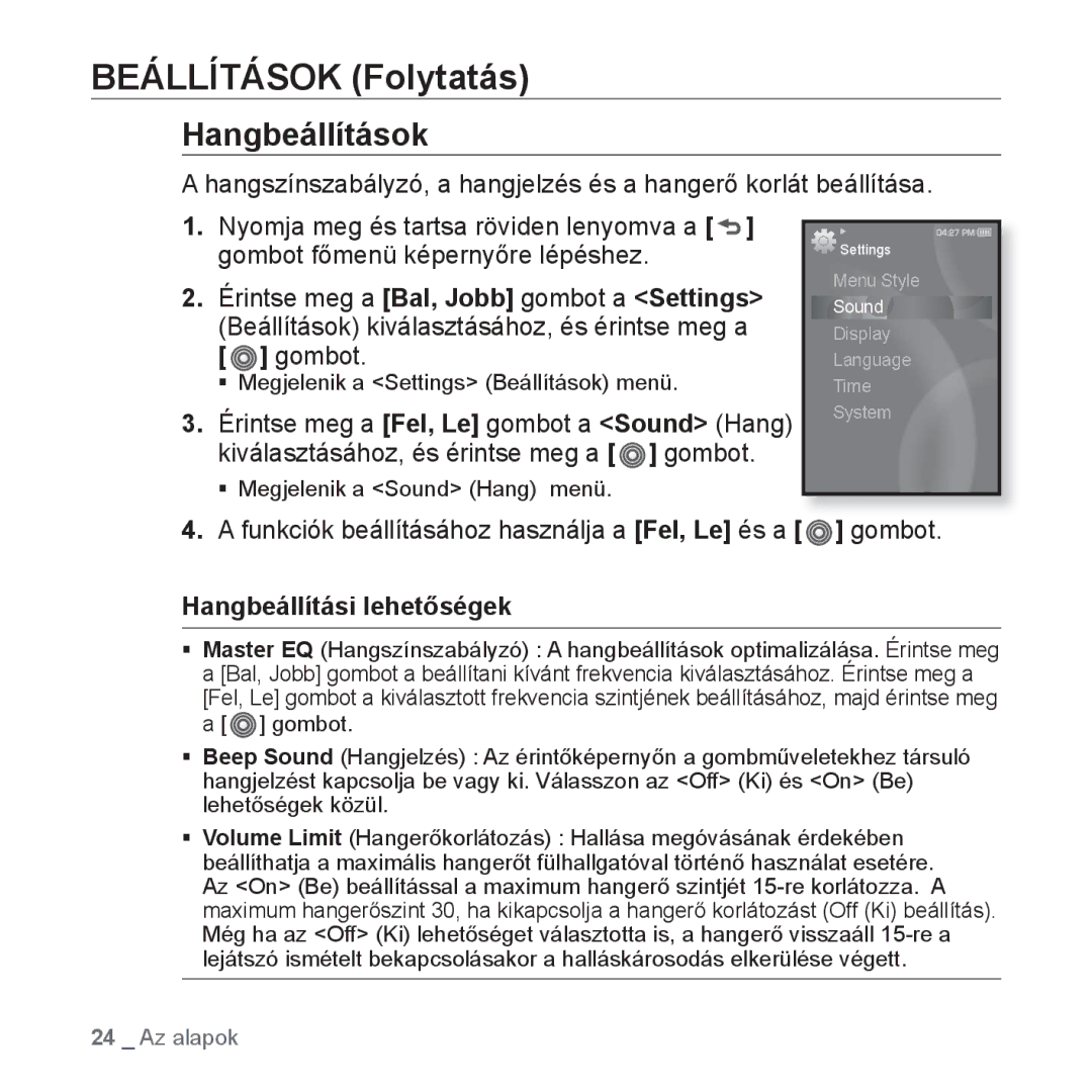 Samsung YP-S3JQL/EDC, YP-S3JAR/EDC, YP-S3JAL/EDC manual Beállítások Folytatás, Hangbeállítások, Hangbeállítási lehetőségek 