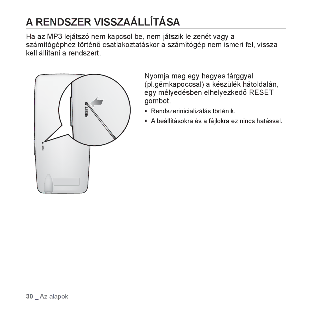 Samsung YP-S3JCBS/EDC, YP-S3JQL/EDC, YP-S3JAR/EDC, YP-S3JAL/EDC, YP-S3JAG/EDC, YP-S3JAW/EDC manual Rendszer Visszaállítása 