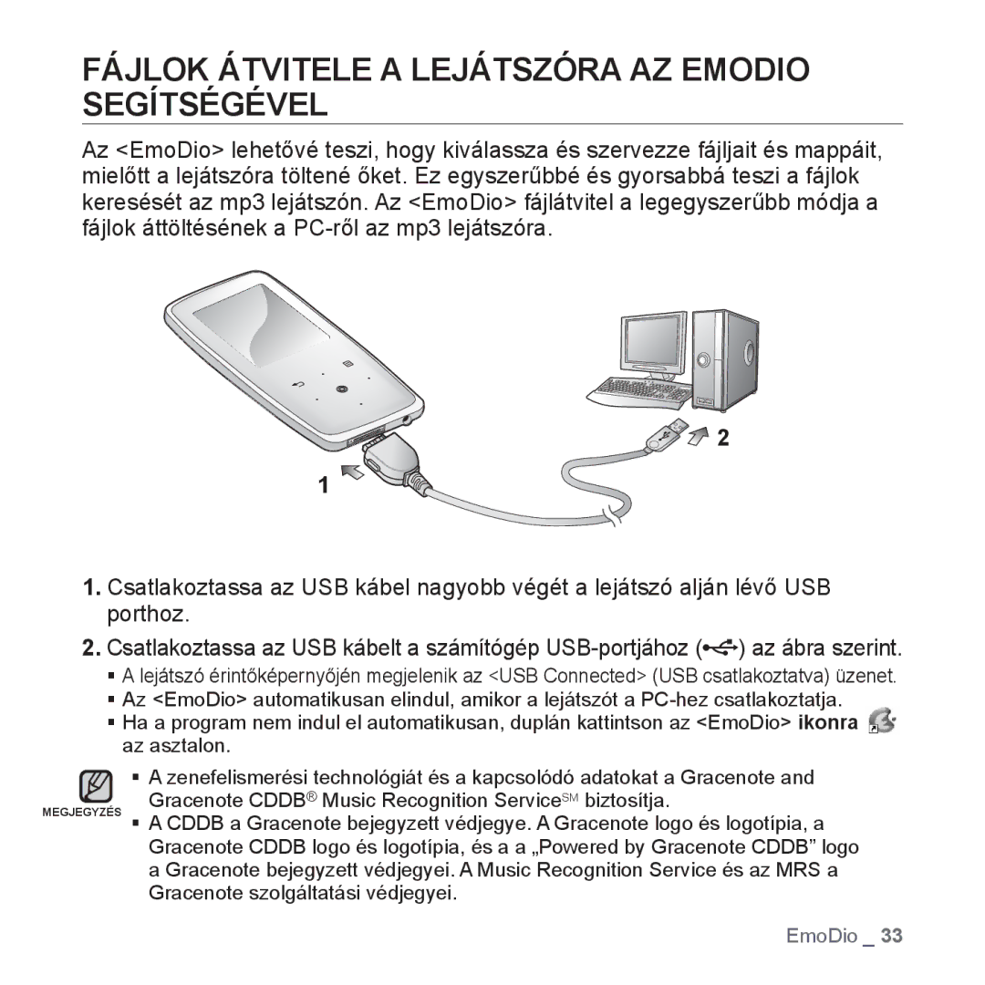 Samsung YP-S3JQW/EDC, YP-S3JQL/EDC, YP-S3JAR/EDC, YP-S3JAL/EDC manual Fájlok Átvitele a Lejátszóra AZ Emodio Segítségével 