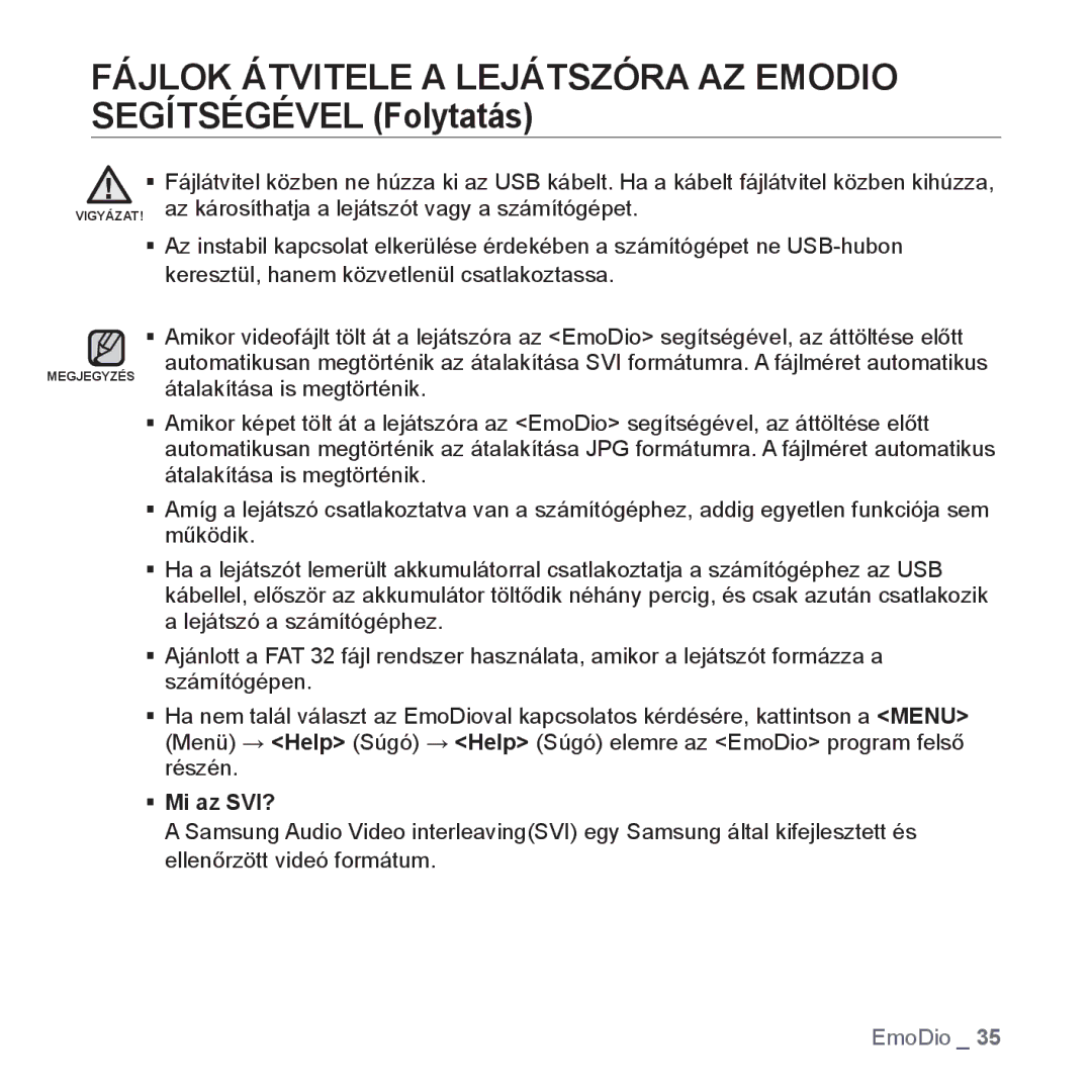 Samsung YP-S3JAB/EDC, YP-S3JQL/EDC, YP-S3JAR/EDC, YP-S3JAL/EDC, YP-S3JAG/EDC, YP-S3JAW/EDC, YP-S3JQG/EDC manual ƒ Mi az SVI? 