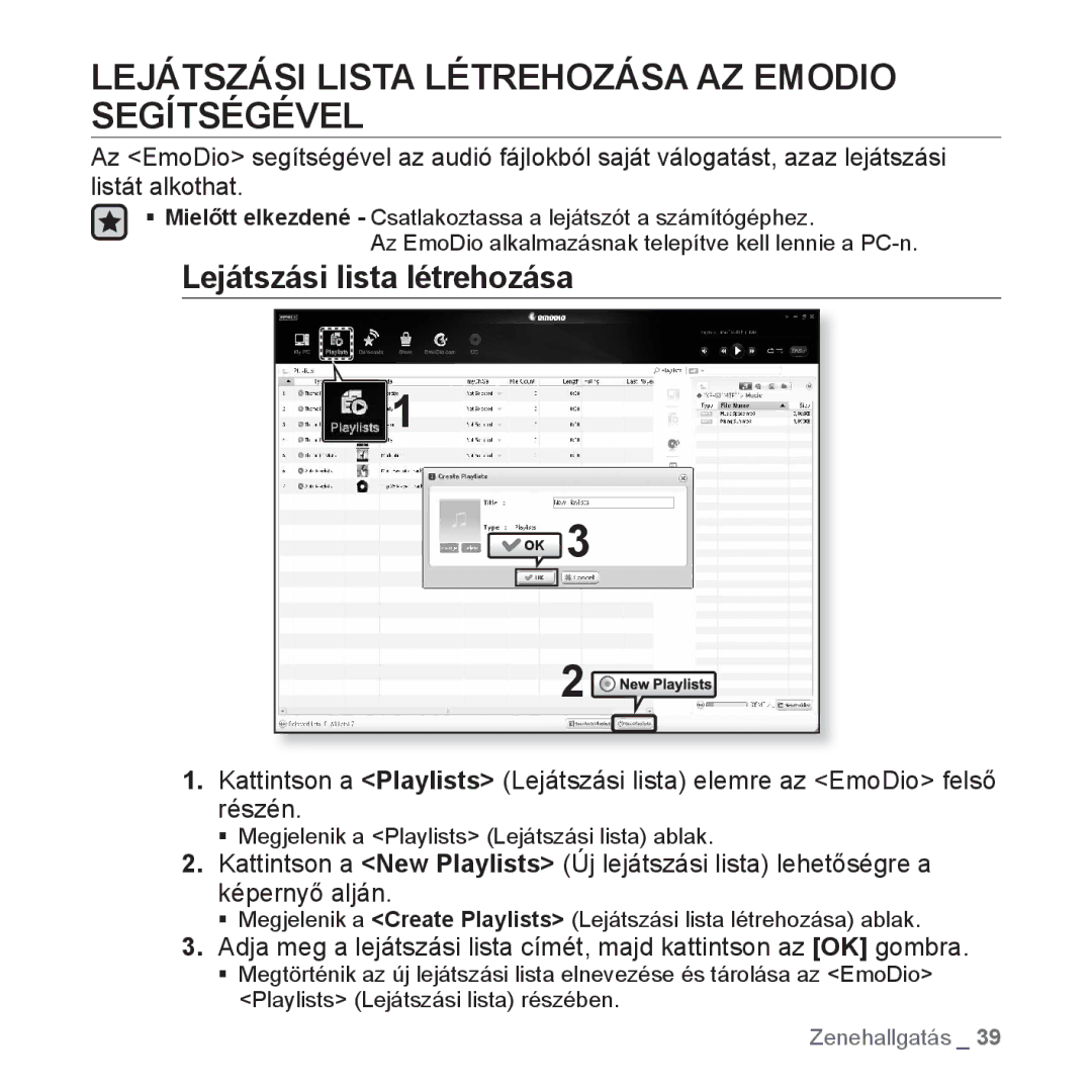 Samsung YP-S3JAG/EDC, YP-S3JQL/EDC manual Lejátszási Lista Létrehozása AZ Emodio Segítségével, Lejátszási lista létrehozása 