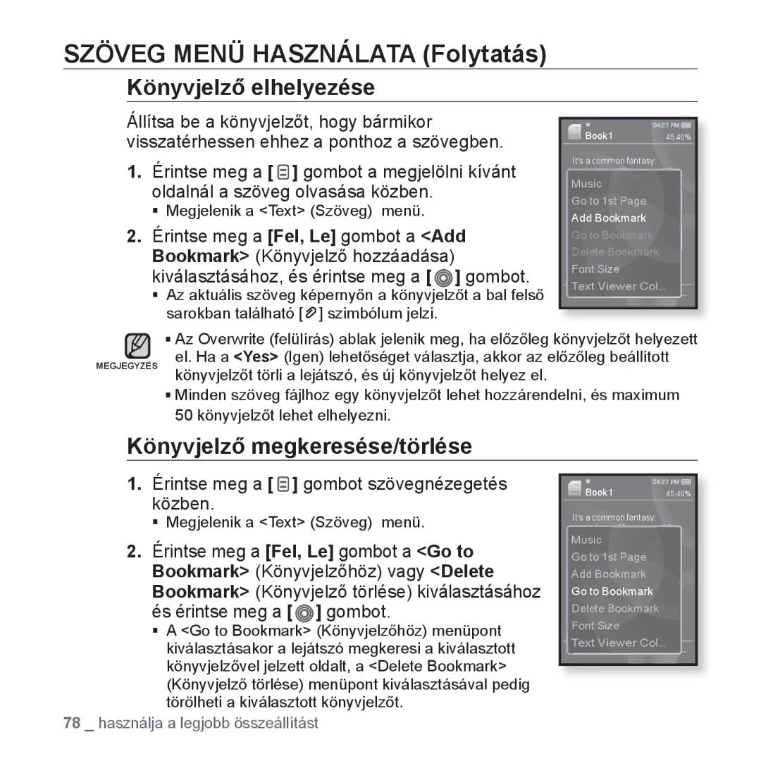 Samsung YP-S3JCBS/EDC, YP-S3JQL/EDC, YP-S3JAR/EDC manual Szöveg Menü Használata Folytatás, Könyvjelző megkeresése/törlése 