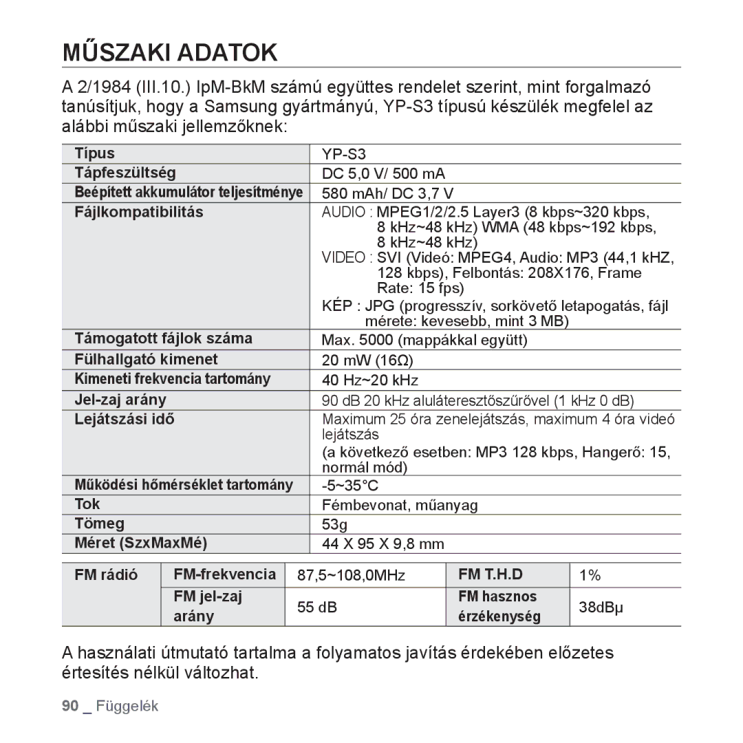 Samsung YP-S3JCBS/EDC, YP-S3JQL/EDC, YP-S3JAR/EDC, YP-S3JAL/EDC, YP-S3JAG/EDC, YP-S3JAW/EDC Műszaki Adatok, Fájlkompatibilitás 