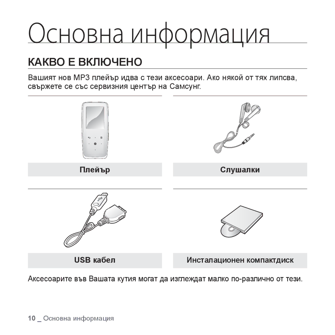 Samsung YP-S3JQR/EDC, YP-S3JQL/EDC, YP-S3JQG/EDC, YP-S3JQB/EDC, YP-S3JQW/EDC manual Какво Е Включено, ПлейърСлушалки USB кабел 